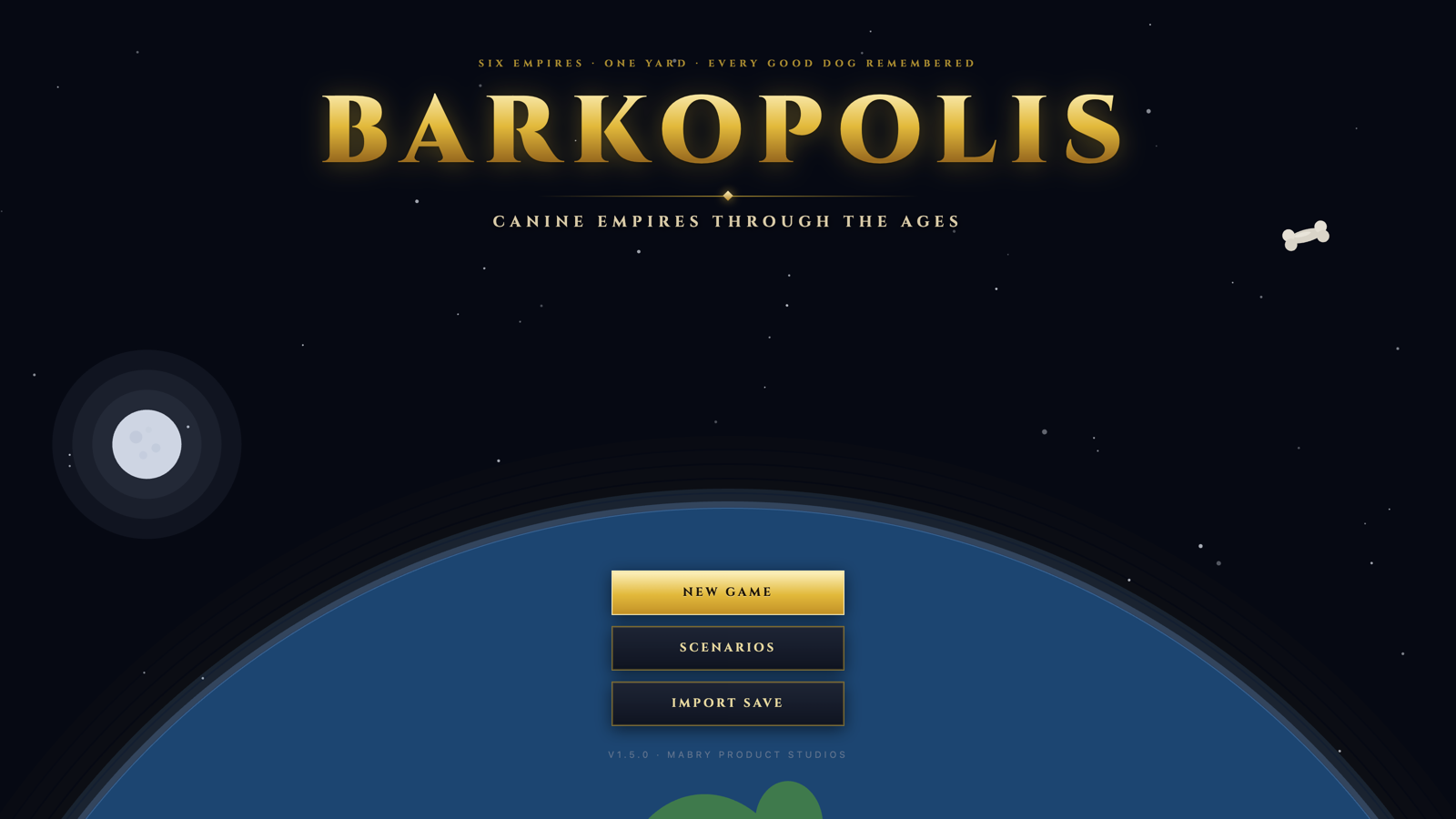 The Barkopolis title screen: a golden wordmark above a turning dog-planet, with a moon and a bone-shaped satellite in the night sky.